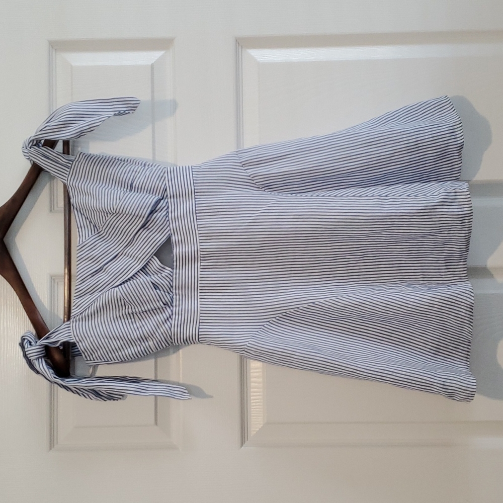 Bardot Linen Blue and White Fit and Flare Dress Size XS/4